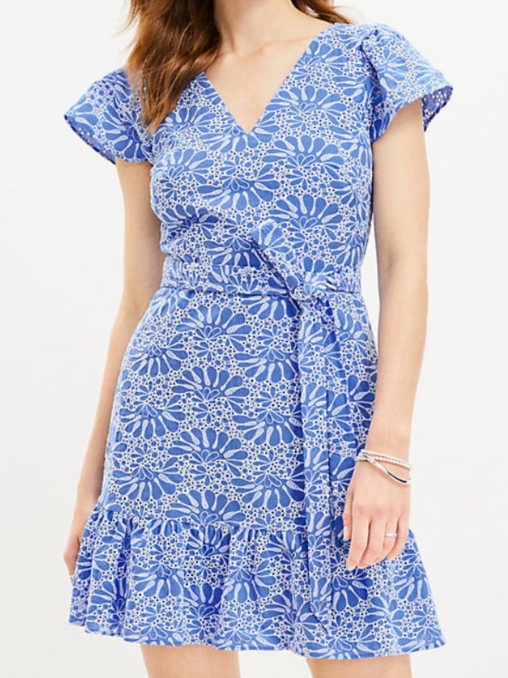 NWT LOFT Blue Floral V-Neck Tie-Waist Mini Dress Size 8P